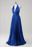 Royal Blue A Line Halter Pleated Long Formal Dress