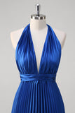 Royal Blue A Line Halter Pleated Long Formal Dress