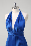 Royal Blue A Line Halter Pleated Long Formal Dress