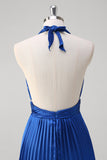 Royal Blue A Line Halter Pleated Long Formal Dress