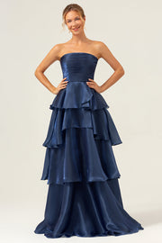 Dark Navy A Line Strapless Tiered Satin Long Formal Dress