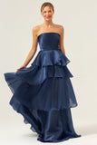 Dark Navy A Line Strapless Tiered Satin Long Formal Dress