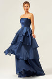 Dark Navy A Line Strapless Tiered Satin Long Formal Dress