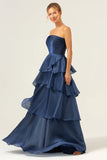 Dark Navy A Line Strapless Tiered Satin Long Formal Dress