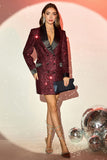 Glitter Burgundy Bodycon Maxi Women's Blazer with Sequins