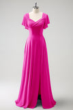 A Line Fuchsia Chiffon Long Bridesmaid Dress with Slit