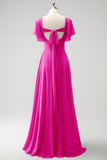 A Line Fuchsia Chiffon Long Bridesmaid Dress with Slit