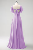 A Line Fuchsia Chiffon Long Bridesmaid Dress with Slit