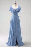 Grey Blue A Line Chiffon Long Bridesmaid Dress with Slit