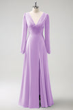 A Line Lilac V-Nack Chiffon Bridesmaid Dress with Long Sleeves