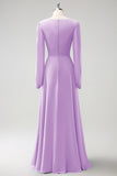 A Line Lilac V-Nack Chiffon Bridesmaid Dress with Long Sleeves