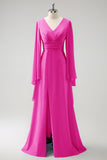 A Line Lilac Long Sleeves Chiffon Bridesmaid Dress with Slit