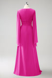 A Line Lilac Long Sleeves Chiffon Bridesmaid Dress with Slit