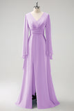 A Line Lilac Long Sleeves Chiffon Bridesmaid Dress with Slit