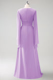 A Line Lilac Long Sleeves Chiffon Bridesmaid Dress with Slit