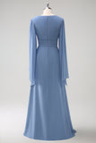 Grey Blue A Line Long Sleeves Chiffon Bridesmaid Dress with Slit