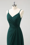 Dark Green Spaghetti Straps Ruche Long Bridesmaid Dress with Slit