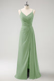 Dark Green Spaghetti Straps Ruche Long Bridesmaid Dress with Slit