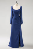 Dark Blue Sheath Corset Chiffon Long Sleeves Long Choir Dress with Slit