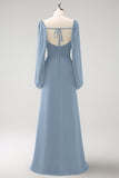 Dark Blue Sheath Square Neck Chiffon Long Sleeves Long Bridesmaid Dress with Slit