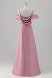 Pink A-line Cold Shoulder Chiffon Bridesmaid Dress with Slit