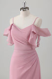 Pink A-line Cold Shoulder Chiffon Bridesmaid Dress with Slit