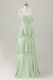 Light Green A-Line Ruffle Tiered Chiffon Corset Long Bridesmaid Dress