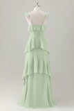 Light Green A-Line Ruffle Tiered Chiffon Corset Long Bridesmaid Dress