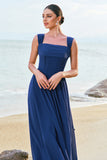 A-Line Square Neck Corset Dark Blue Long Bridesmaid Dress with Lace Up Back