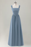 Dark Blue A-Line Square Neck Corset Long Bridesmaid Dress with Lace Up Back