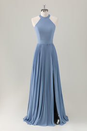 Grey Blue A-Line Halter Long Bridesmaid Dress with Slit