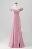 Pink Mermaid Off the Shoulder Long Bridesmaid Dress with Slit