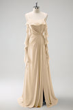 Grey Blue A-Line Spaghetti Straps Chiffon Long Bridesmaid Dress with Slit