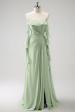 Grey Blue A-Line Spaghetti Straps Chiffon Long Bridesmaid Dress with Slit