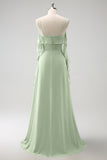 Grey Blue A-Line Spaghetti Straps Chiffon Long Bridesmaid Dress with Slit