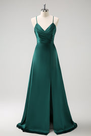 Dark Green A-Line Ruched Lace-Up Back Satin Long Bridesmaid Dress