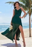 Dark Green A-Line Spaghetti Straps Ruched Lace-Up Back Satin Long Bridesmaid Dress