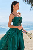 A-Line Dark Green Spaghetti Straps Satin Ruched Long Bridesmaid Dress