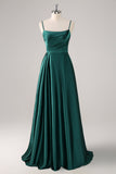 Dark Green A-Line Spaghetti Straps Satin Ruched Long Bridesmaid Dress