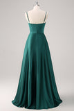 A-Line Dark Green Spaghetti Straps Satin Ruched Long Bridesmaid Dress