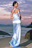 Elegant Sky Blue Sheath Cold Shoulder Pleated Satin Long Bridesmaid Dress with Slit