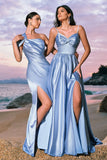 Elegant Sky Blue Sheath Cold Shoulder Pleated Satin Long Bridesmaid Dress with Slit