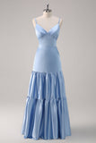 Sky Blue A-Line Spaghetti Straps Backless Satin Long Bridesmaid Dress