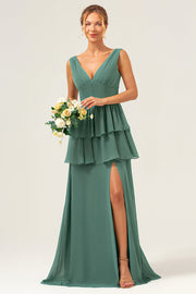 Eucalyptus A Line V Neck Corset Tiered Long Bridesmaid Dress with Slit