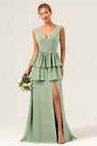 Eucalyptus A Line V Neck Corset Tiered Long Bridesmaid Dress with Slit