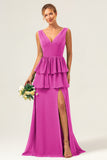 Eucalyptus A Line V Neck Corset Tiered Long Bridesmaid Dress with Slit