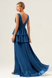 Eucalyptus A Line V Neck Corset Tiered Long Bridesmaid Dress with Slit