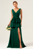 Eucalyptus A Line V Neck Corset Tiered Long Bridesmaid Dress with Slit