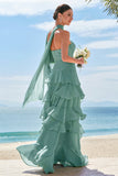 Eucalyptus A Line Strapless Ruffled Long Bridesmaid Dress with Ribbon