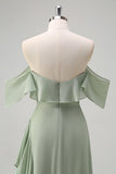 Light Green Mermaid Off the Shoulder Ruffled Bridesmaid Dress with Slit